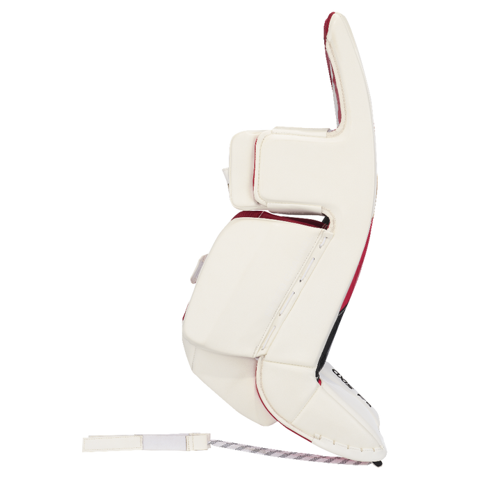 white and red goalie pads