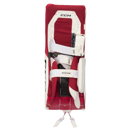 white and red goalie pads