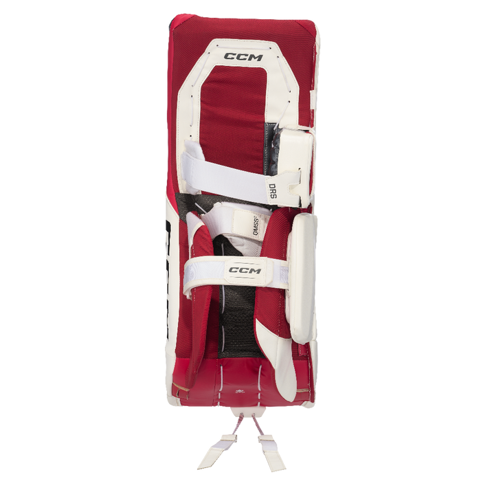 white and red goalie pads