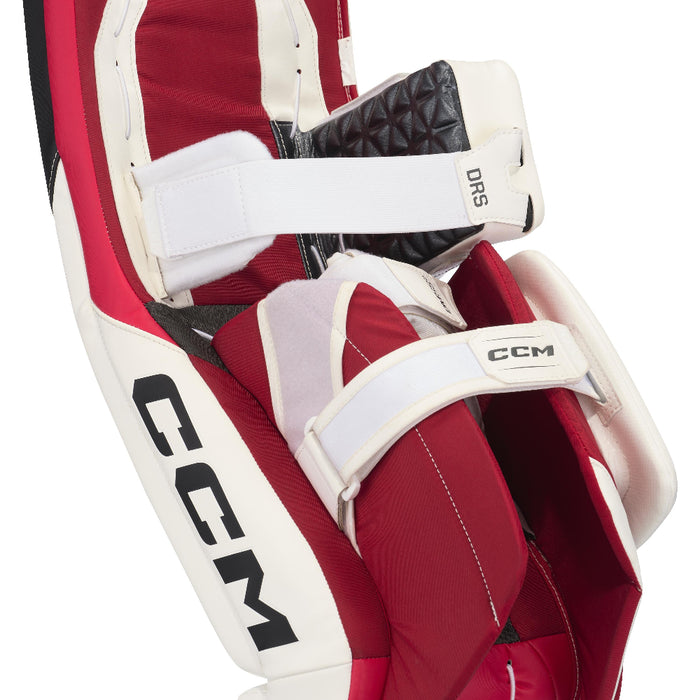 white and red goalie pads