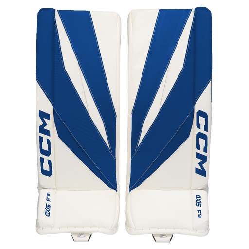 white and blue goalie pads