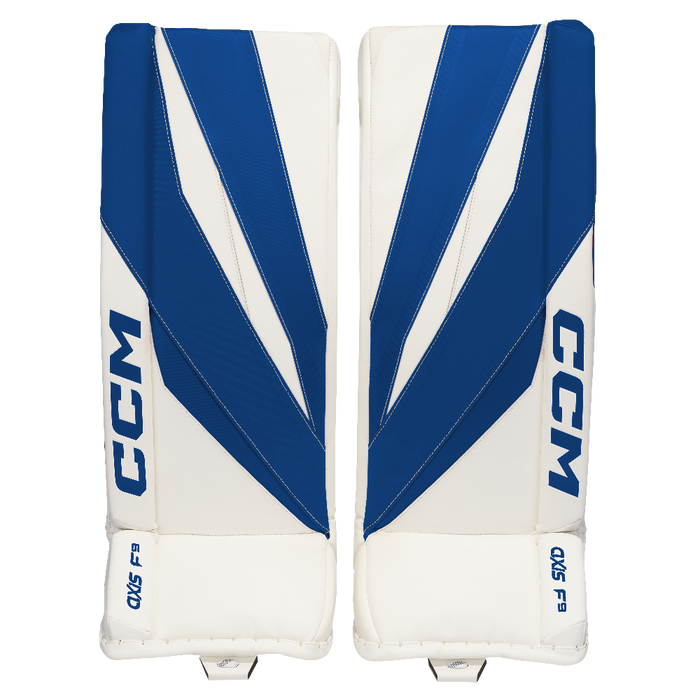 white and blue goalie pads