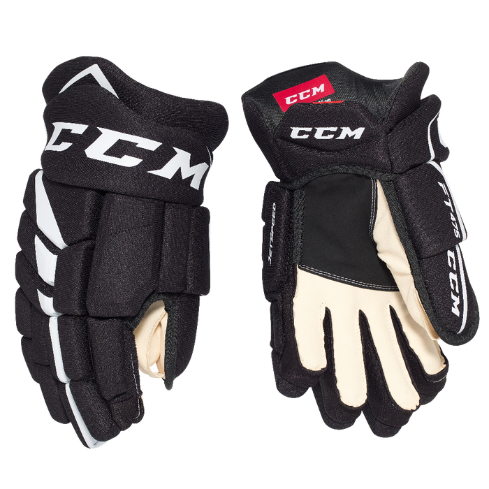Black gloves with white detail and off white lining