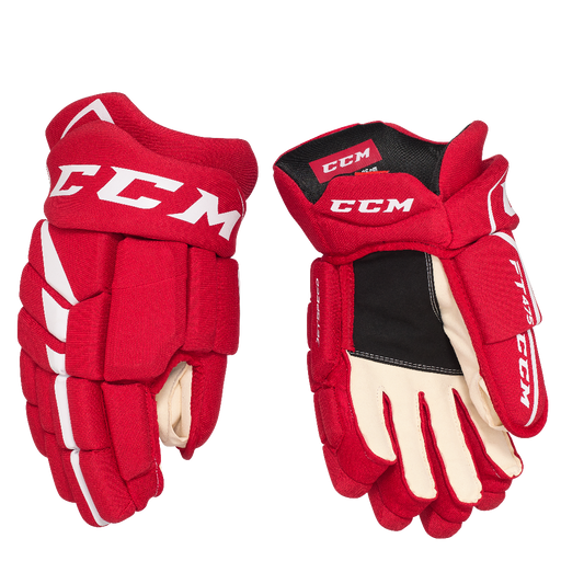 Red gloves with white detail and off white lining