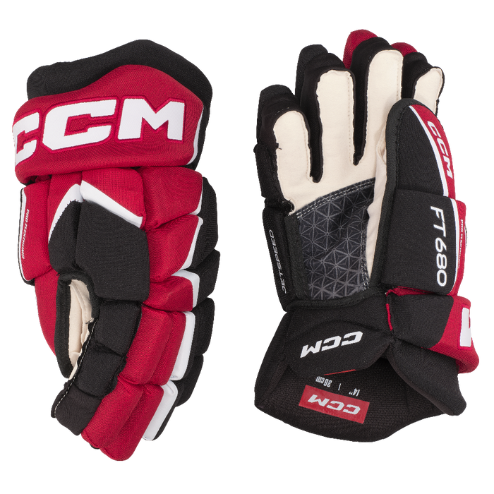 black and red gloves with white details