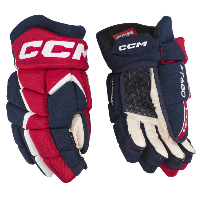 blue and red gloves with white details