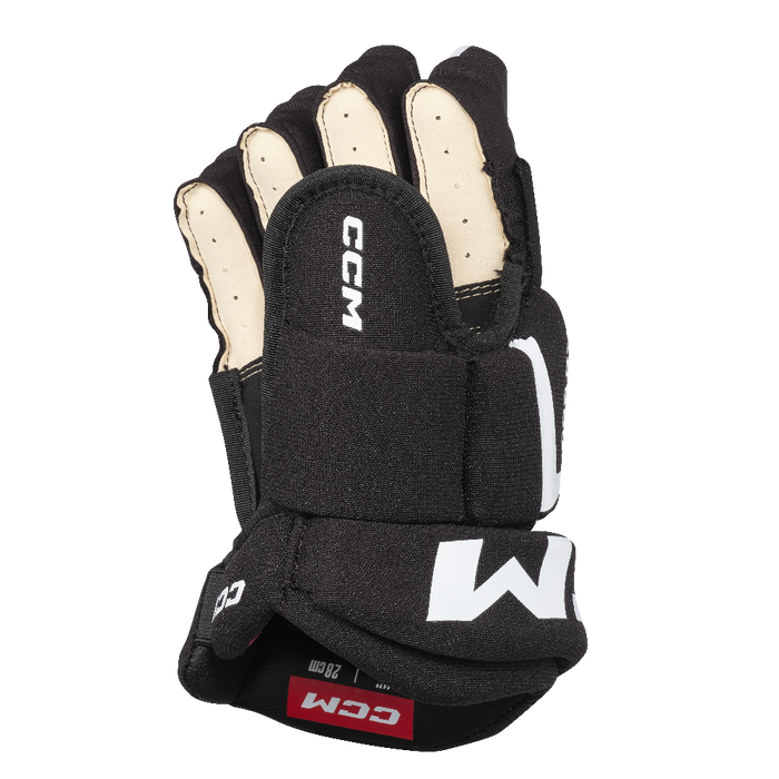 Black gloves with white detail and off-white lining