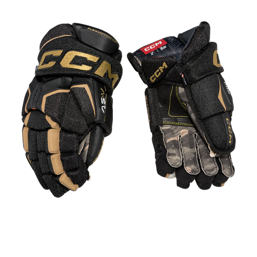 black gloves with gold detail and camo lining