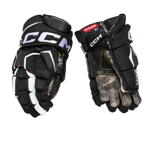 black gloves with white detail and camo lining