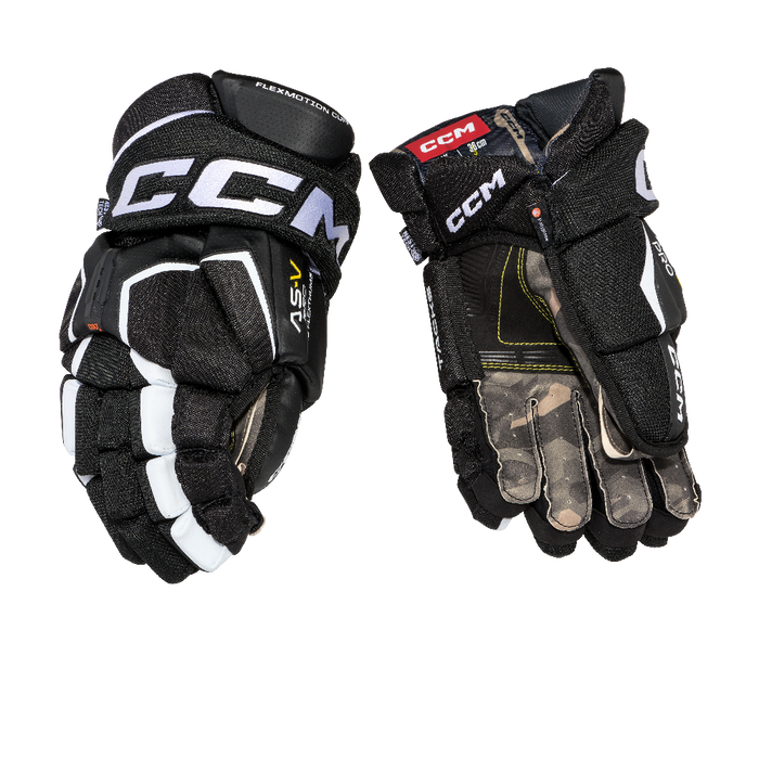 black gloves with white detail and camo lining
