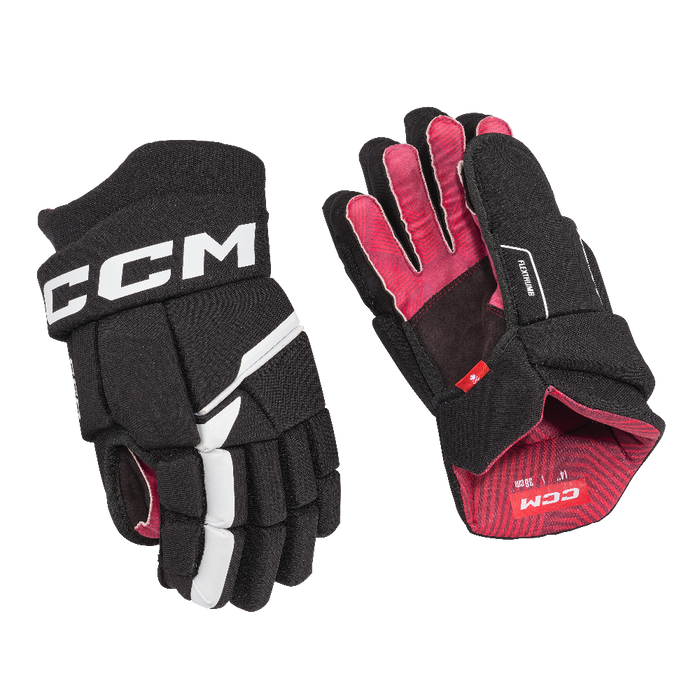 Black hockey gloves with red lining