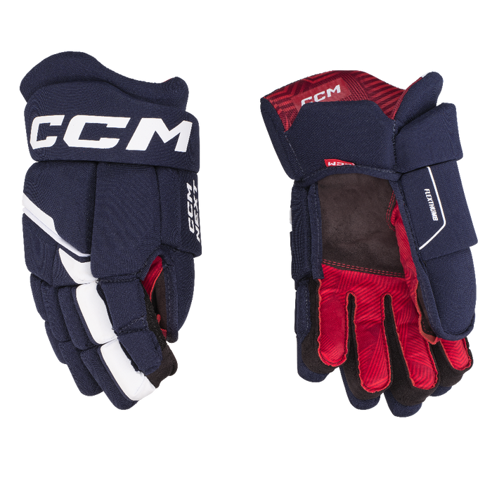 blue hockey glove with red lining