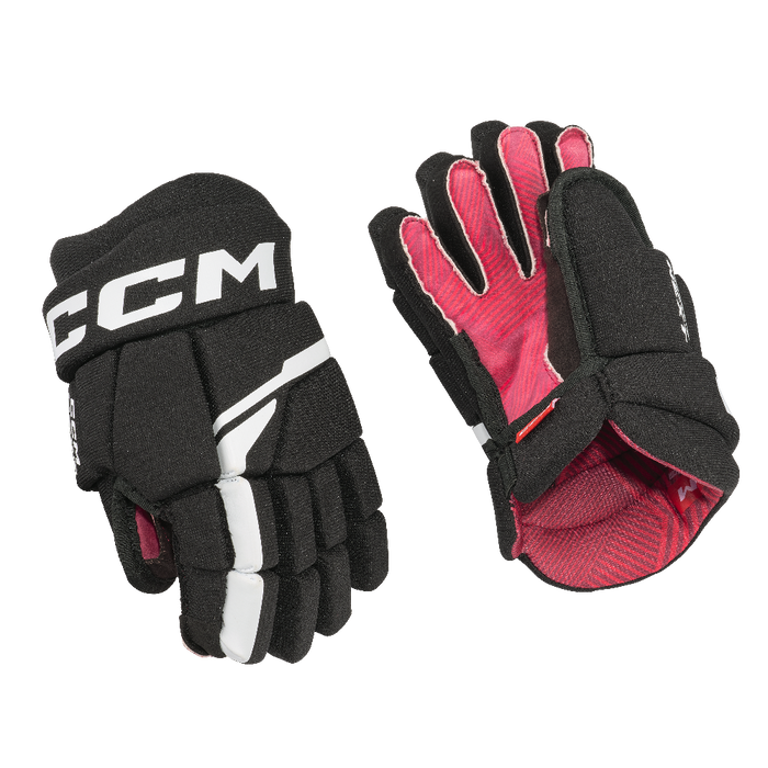 black and white gloves with red lining
