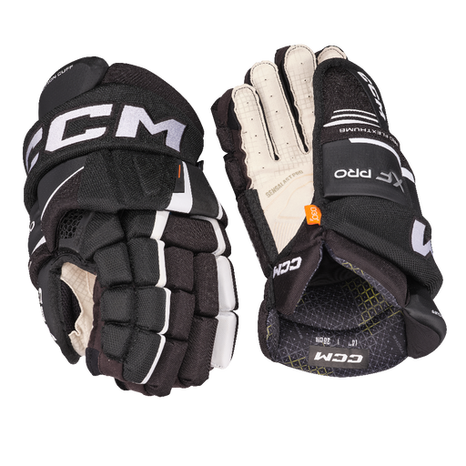 black hockey gloves with white palm and accents