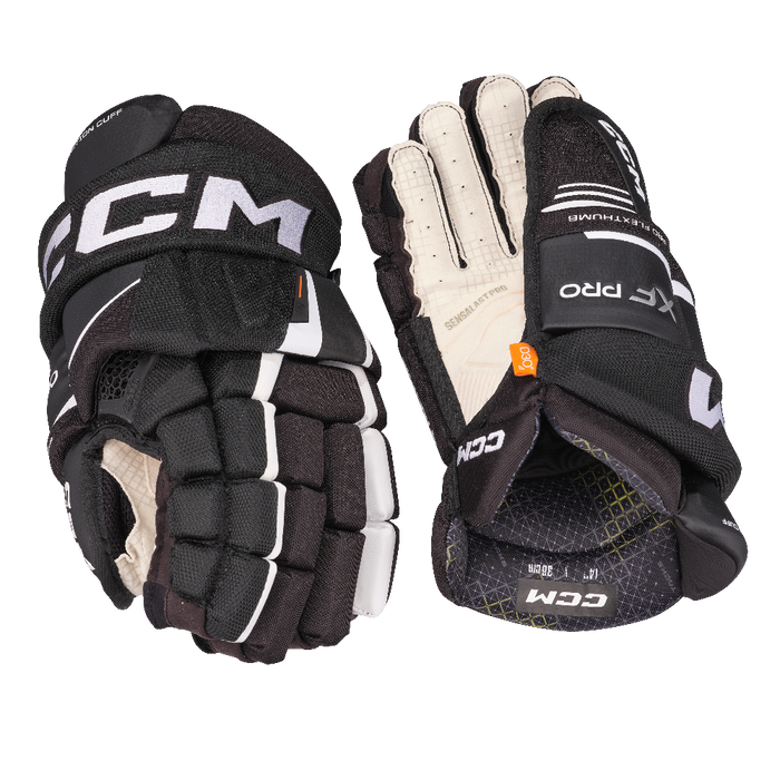 black hockey gloves with white palm and accents