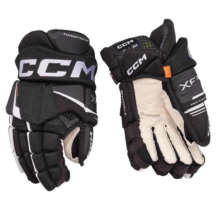 black hockey gloves with white palm and accents