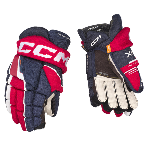 Blue and red gloves with white accents