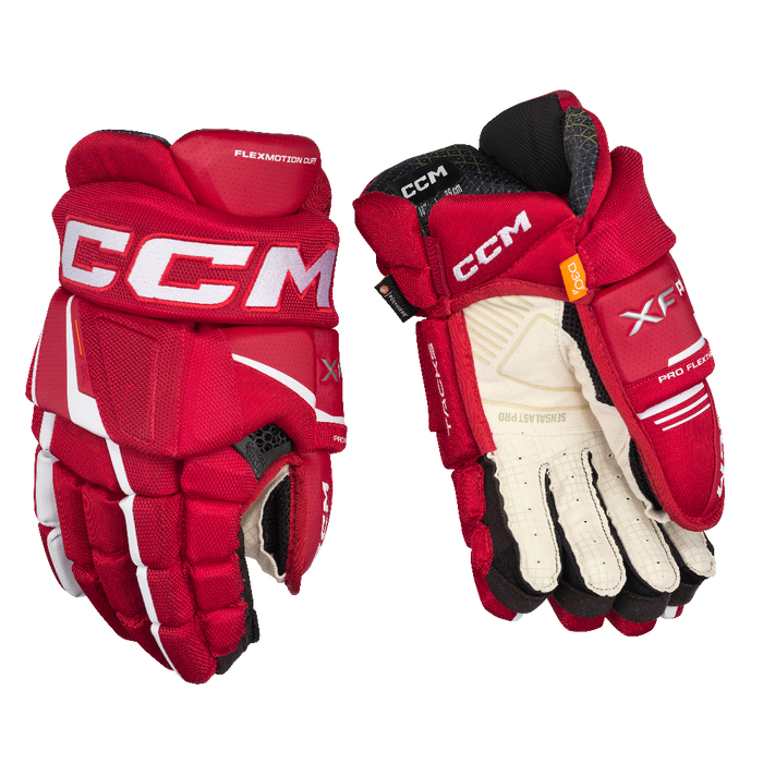 Red hockey gloves with white palm and accents