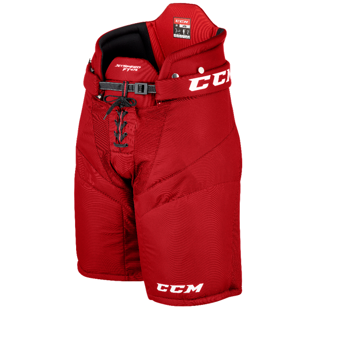 Red pants with red back support and black laces