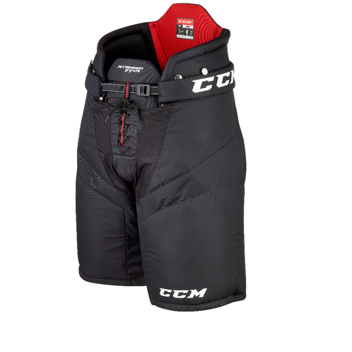 Black pants with red back support and black laces