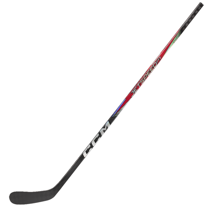 black hockey stick with red mid-section and white writing