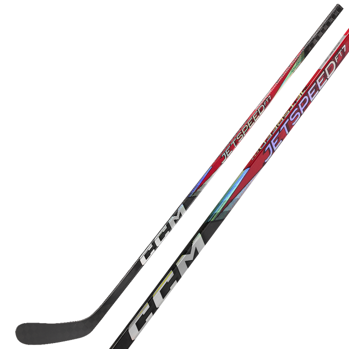 black hockey stick with red mid-section and white writing