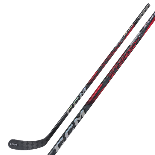 Black hockey stick with red writing and details