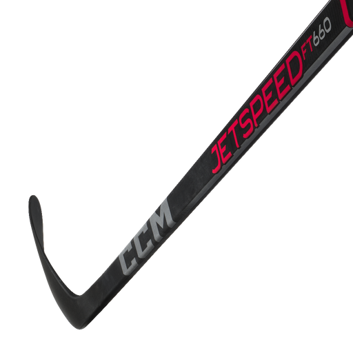 Black hockey stick with red and silver accents
