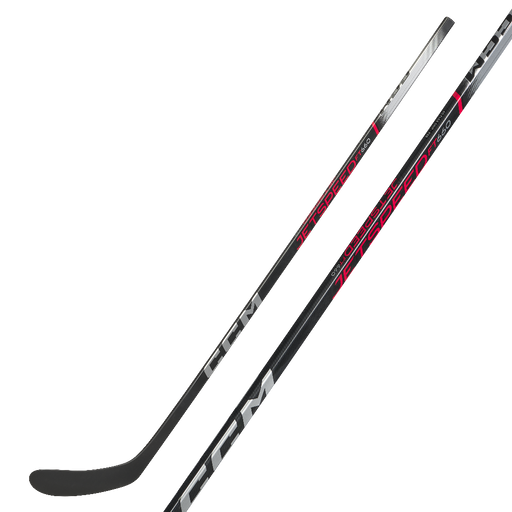 Black hockey stick with red and silver accents