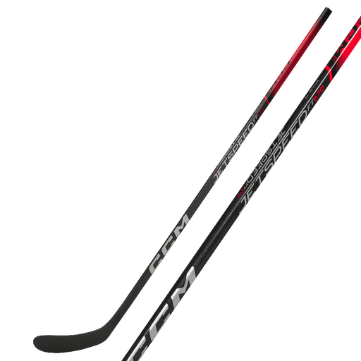 Black hockey stick with silver writing and red details
