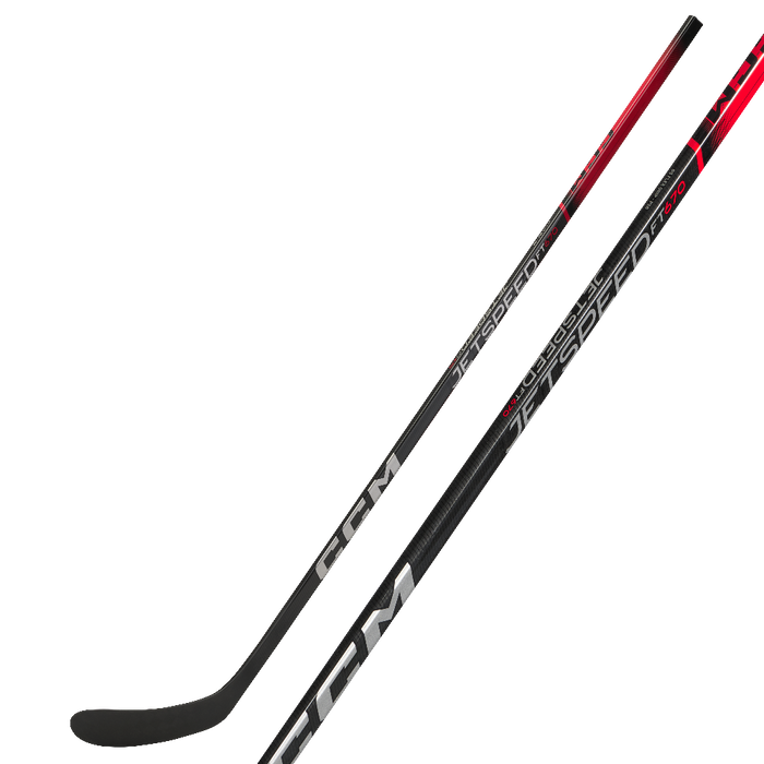 Black hockey stick with silver writing and red details