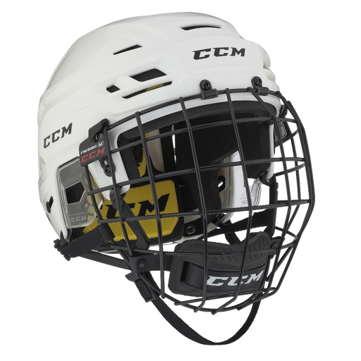 White helmet with yellow/black padding and black cage