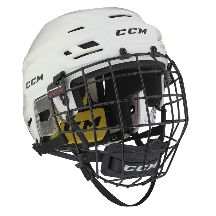 White helmet with yellow/black padding and black cage