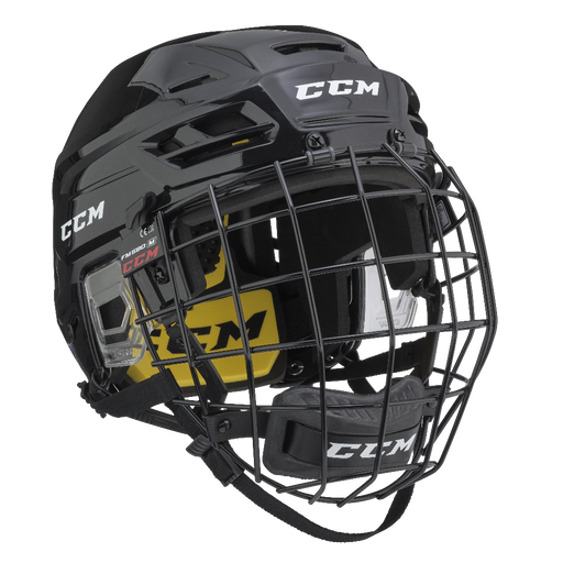 Black helmet with yellow/black padding and black cage