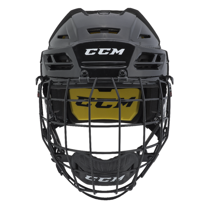 Black helmet with yellow/black padding and black cage