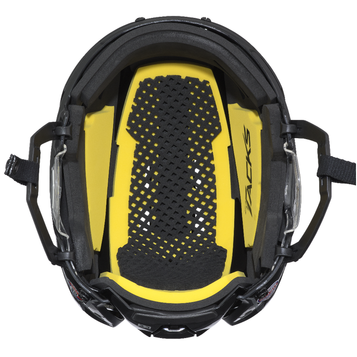 Black helmet with yellow/black padding and black cage