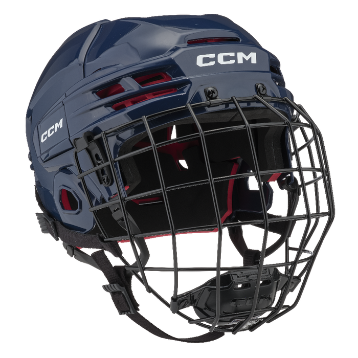 blue helmet with red padding and black cage