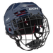 blue helmet with red padding and black cage