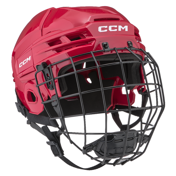 red helmet with red padding and black cage