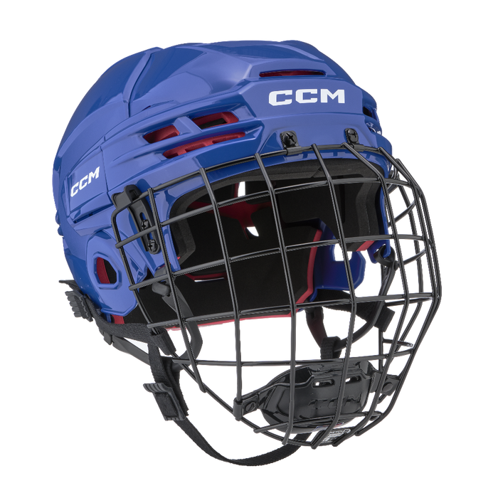 blue helmet with red padding and black cage