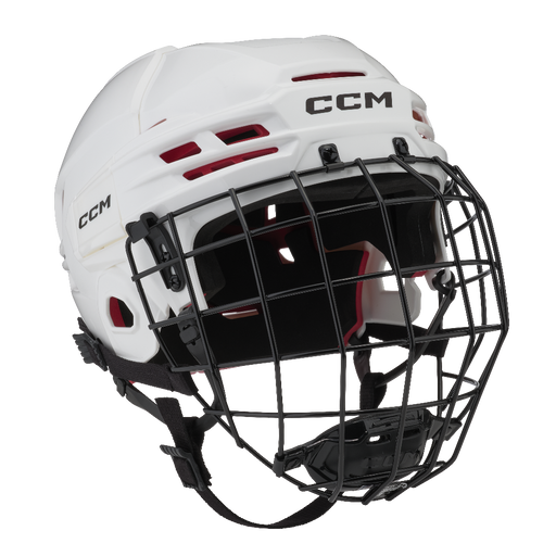 white helmet with red padding and black cage