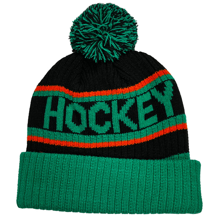 black and green pom pom beanie