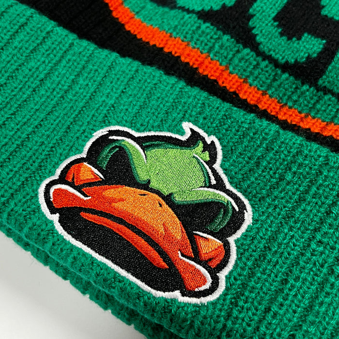 black and green beanie with ducks logo