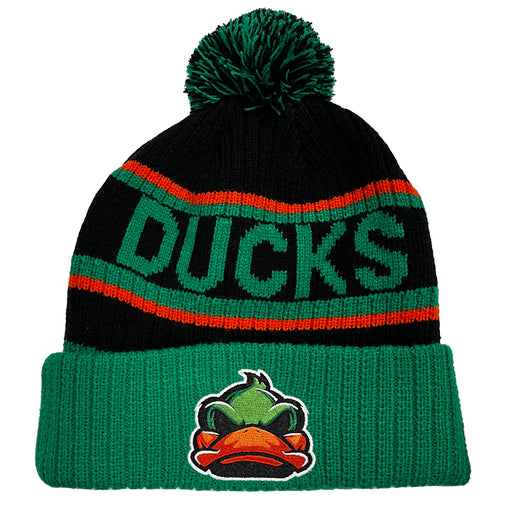 black and green pom pom beanie with ducks logo