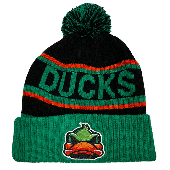 black and green pom pom beanie with ducks logo