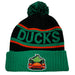 black and green pom pom beanie with ducks logo