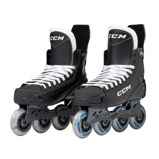 Black inline skates with yellow trim and blue wheels