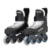 Black inline skates with yellow trim and blue wheels