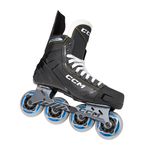 Black inline skates with yellow trim and white laces