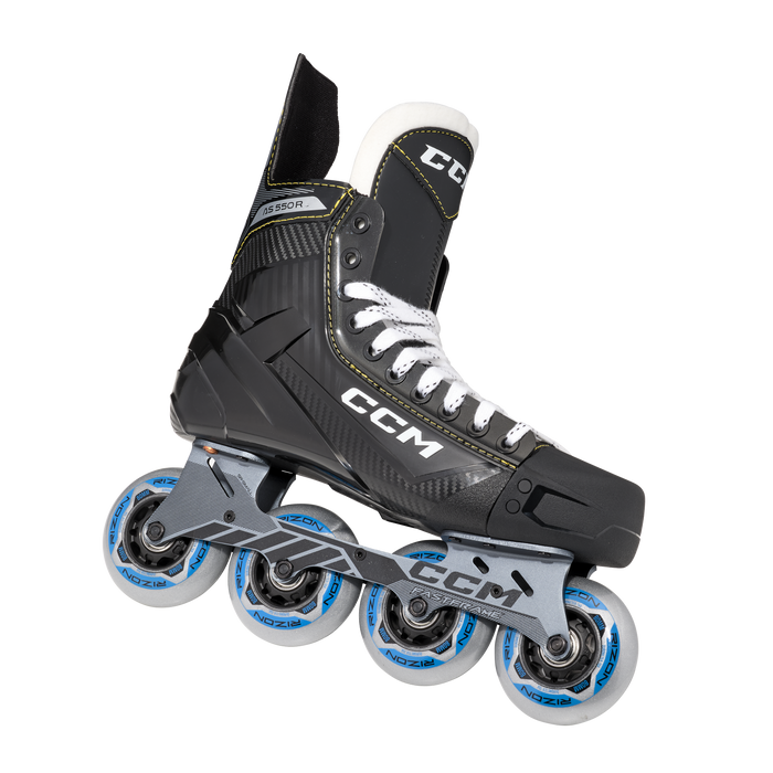 Black inline skates with yellow trim and white laces